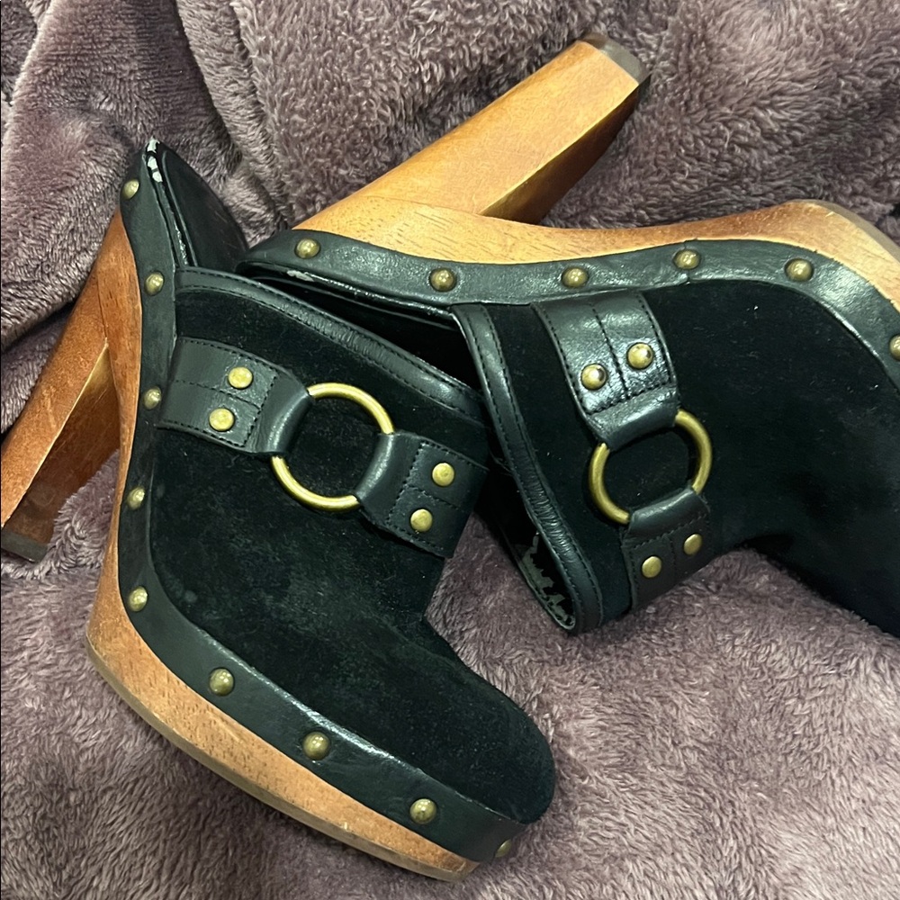 Ralph Lauren Black Mules with Gold Studs and Brown Heel